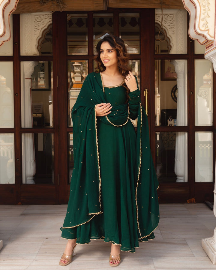 Graceful Green Fox Georgette Anarkali with Pearl Dupatta