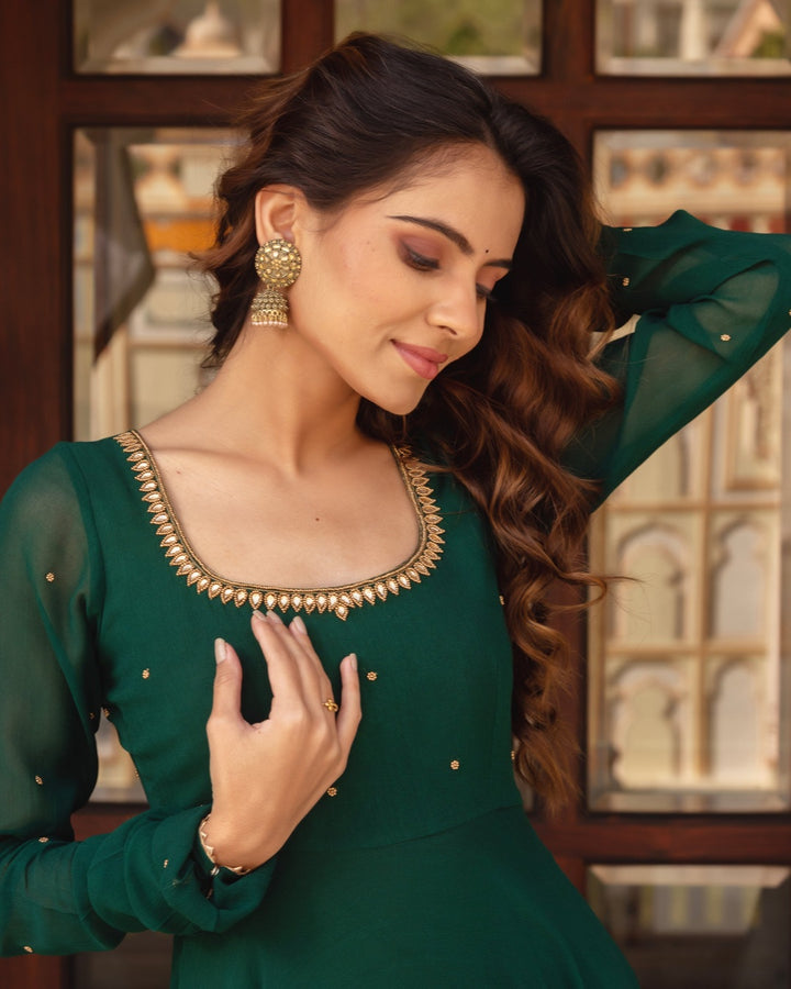 Graceful Green Fox Georgette Anarkali with Pearl Dupatta