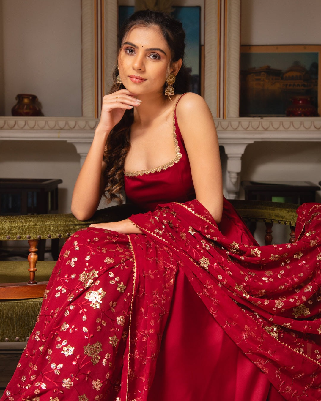 Maroon Flowing Anarkali Suit – Sleeveless Style