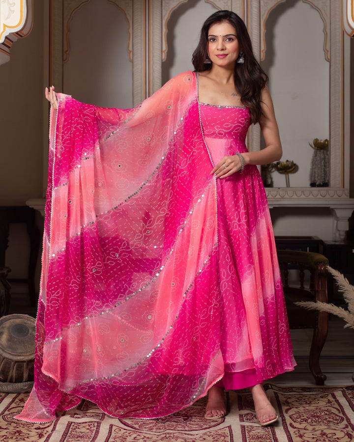 Pink Faux Georgette Digital Print Anarkali with Real Mirror Handwork