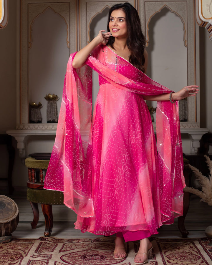 Pink Faux Georgette Digital Print Anarkali with Real Mirror Handwork