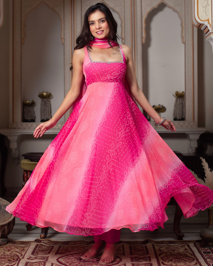 Pink Faux Georgette Digital Print Anarkali with Real Mirror Handwork