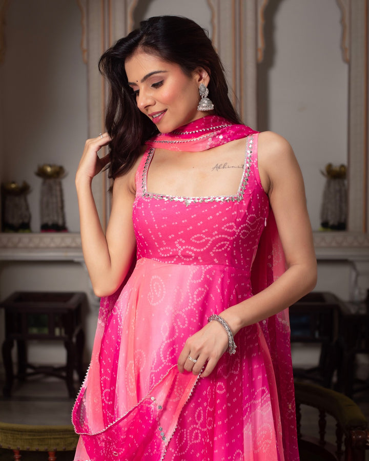 Pink Faux Georgette Digital Print Anarkali with Real Mirror Handwork