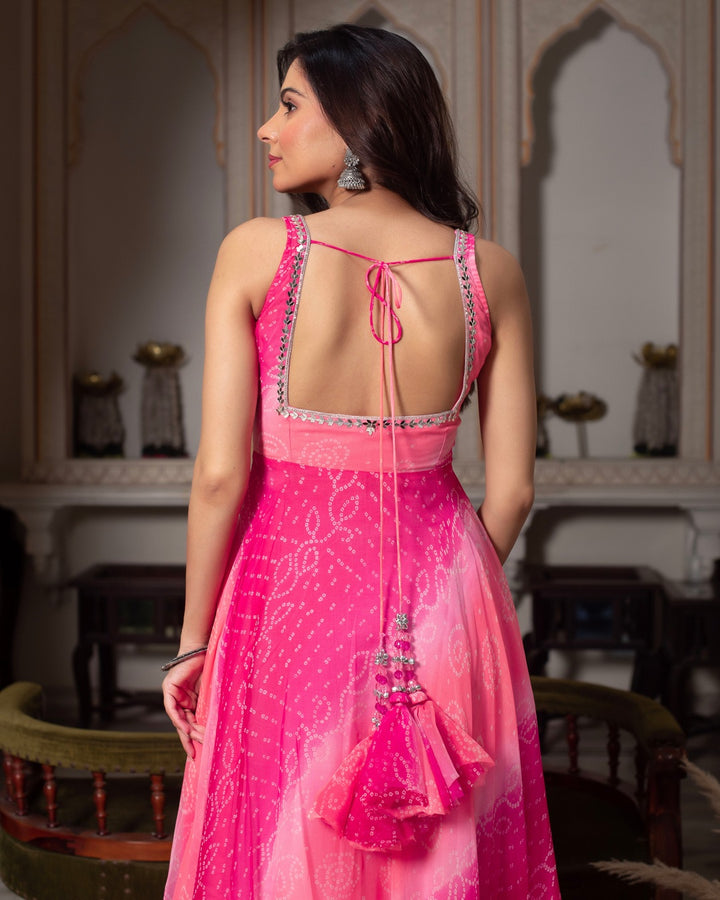 Pink Faux Georgette Digital Print Anarkali with Real Mirror Handwork