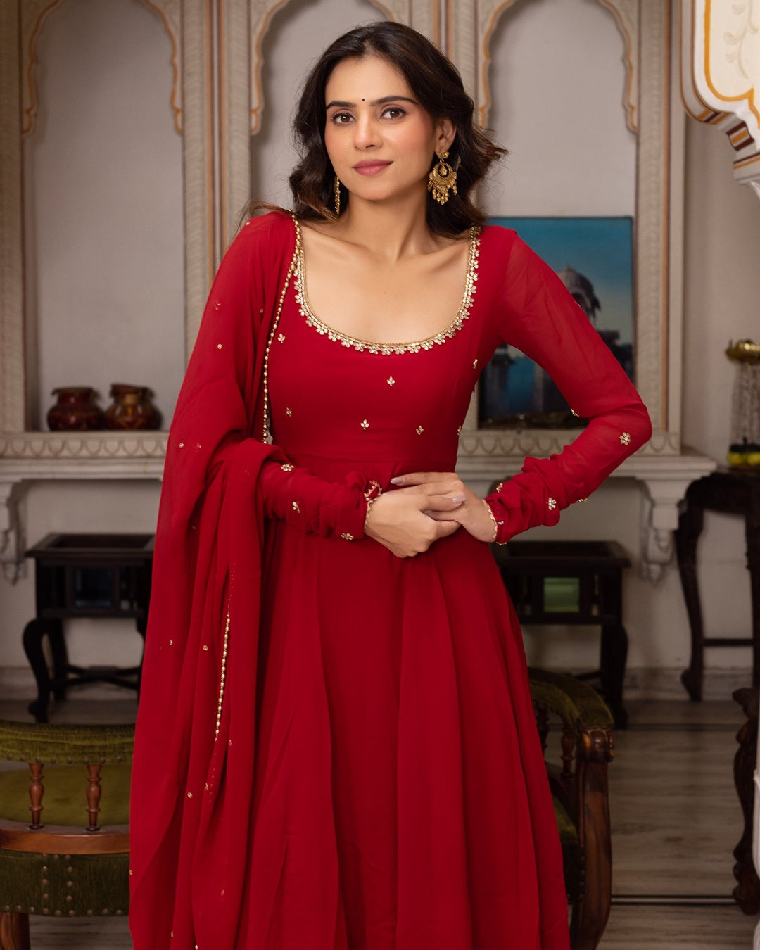 Maroon Majesty – Anarkali with Pearl Elegance