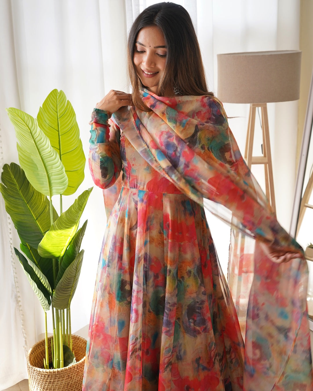 Red Multi Color Print Organza Three Piece Anarkali Suit