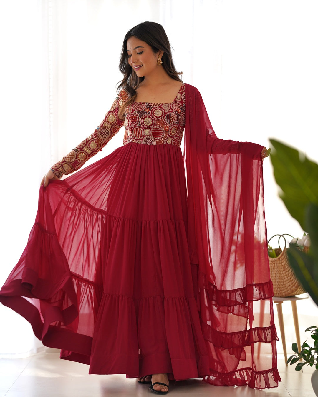 Maroon Soft Georgette Embroidered Anarkali Suit