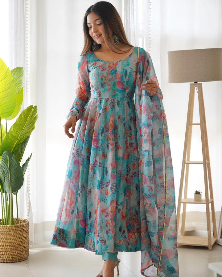 Sky Blue Multi Color Print Organza Three Piece Anarkali Suit