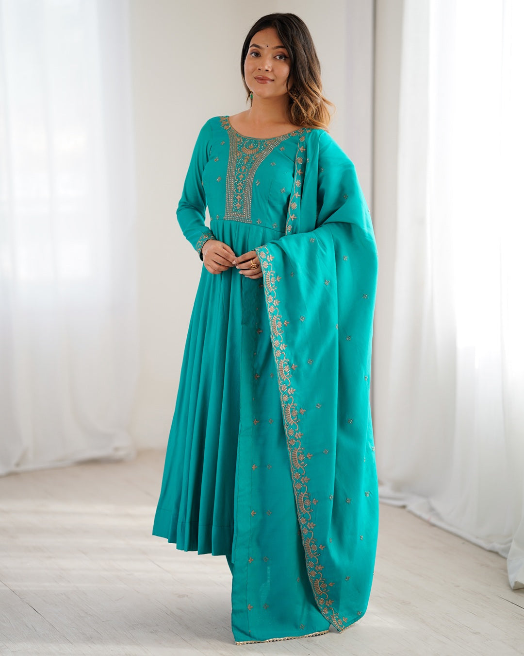 Rama High Premium Pure Roman Chanderi Silk Fully Flared Anarkali Set with Dupatta – Ready to Wear