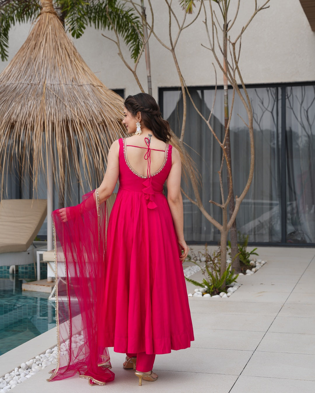 Roman silk Chanderi Flared Anarkali Set with Dupatta & Pants