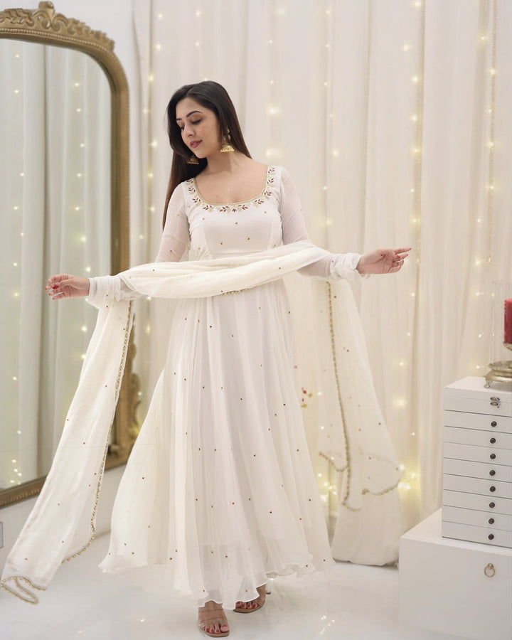 Charming Apsara White Long Anarkali Set