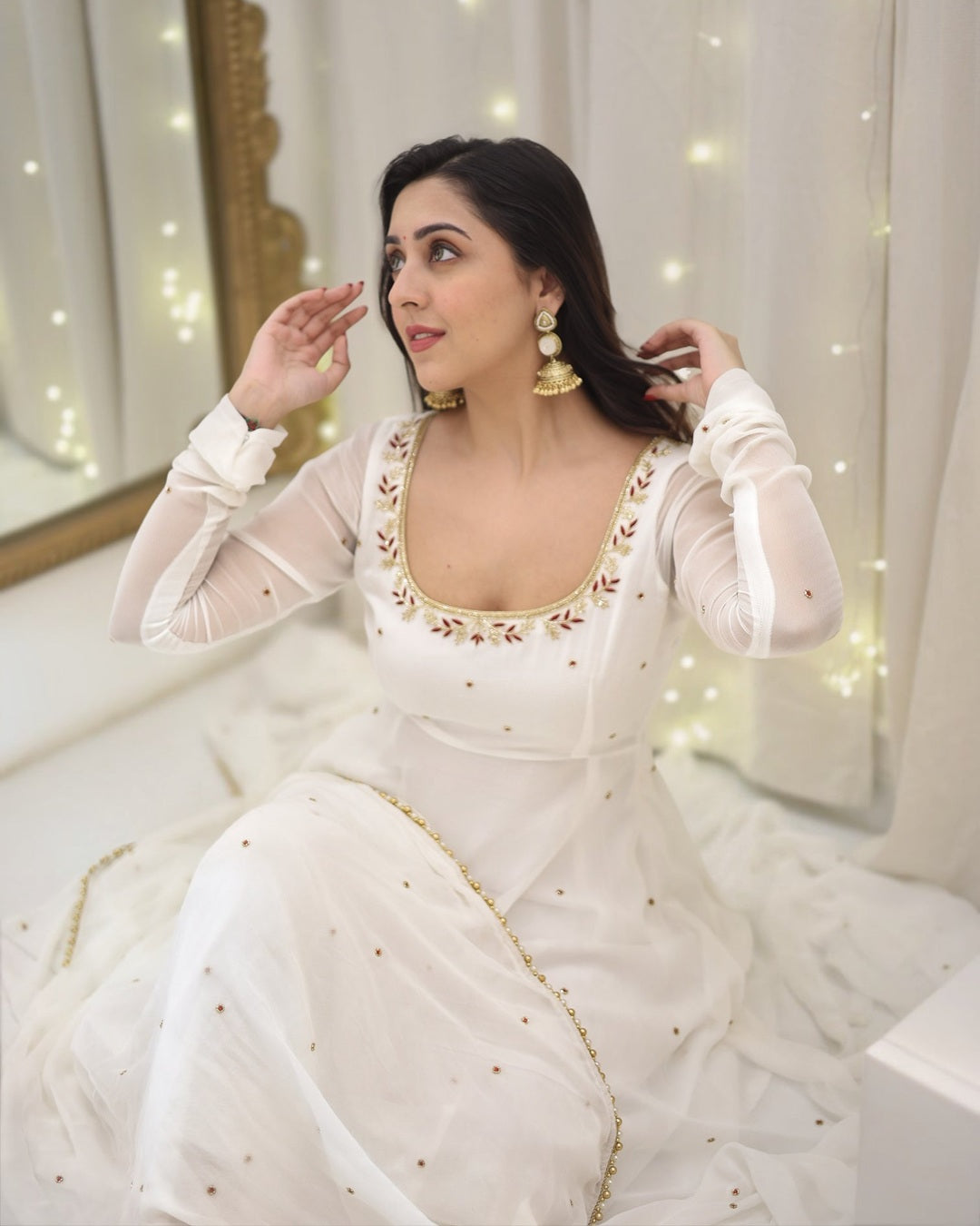 Charming Apsara White Long Anarkali Set