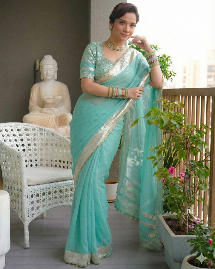 Ankita Lokhande Inspired Blue Georgette Saree with Hand Charkhi Gotta Patti Work | Fully Stitched Blouse