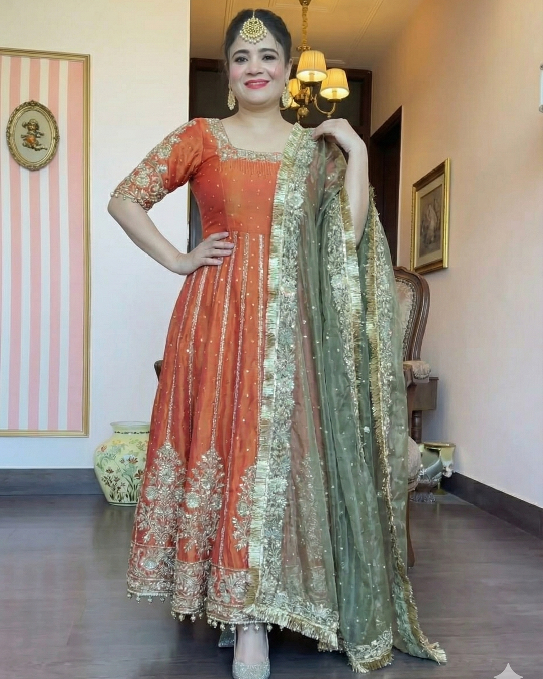 Orange Satin Anarkali Suit Set (3 Piece)