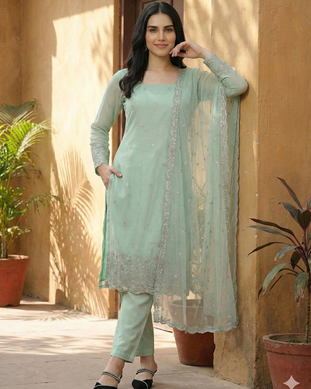 Sage Green Faux Georgette Embroidered Suit Set | 3-Piece Party Wear