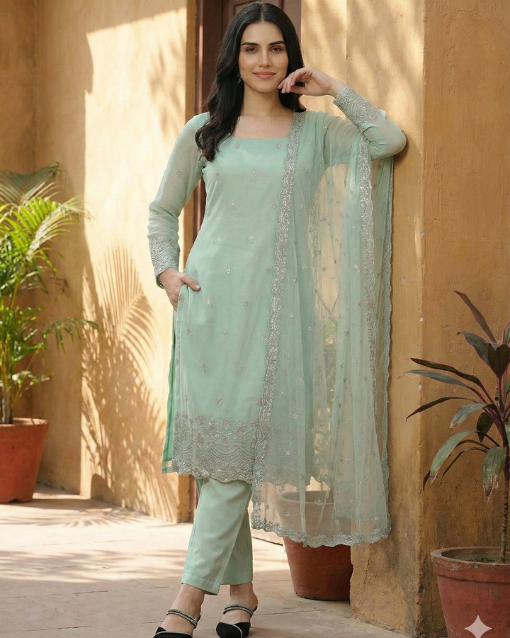 Sage Green Faux Georgette Embroidered Suit Set | 3-Piece Party Wear