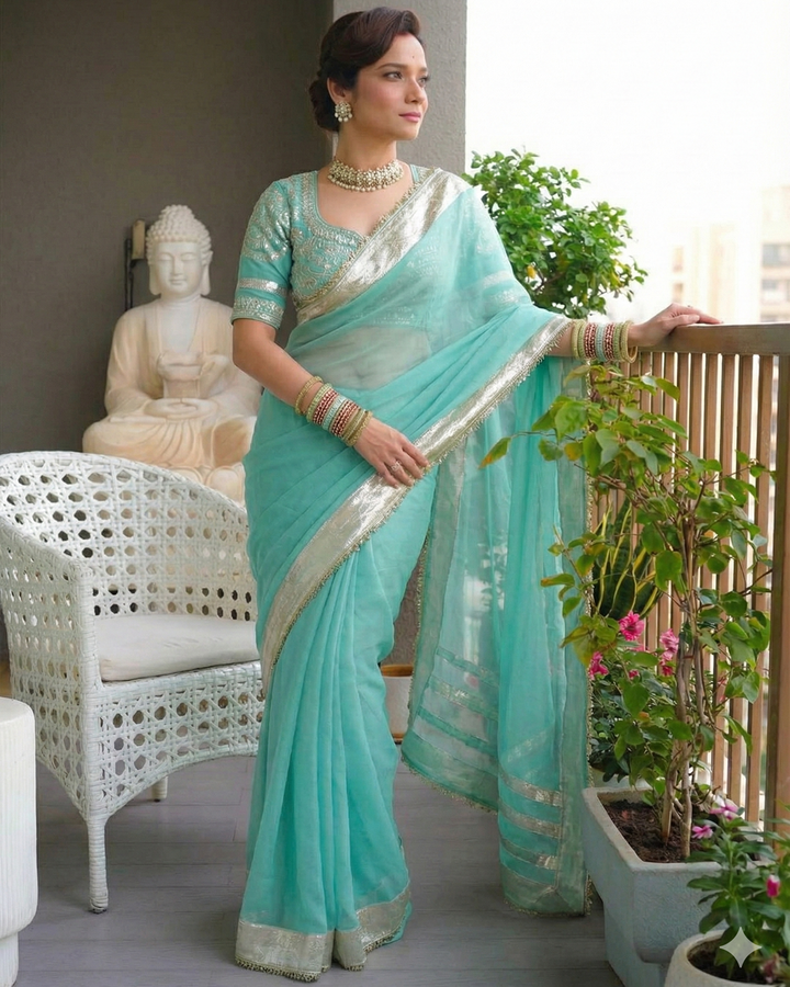 Ankita Lokhande Inspired Blue Georgette Saree with Hand Charkhi Gotta Patti Work | Fully Stitched Blouse