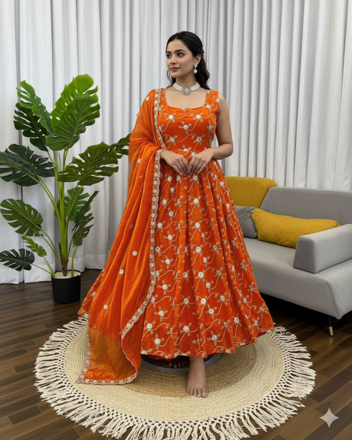 Premium Orange Designer Anarkali Set – Perfect for Festive Occasions
