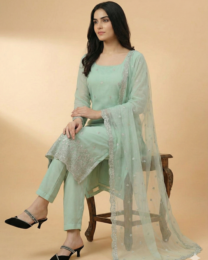 Sage Green Faux Georgette Embroidered Suit Set | 3-Piece Party Wear