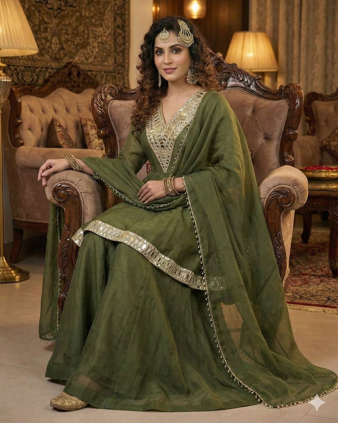 Green Sheeshmahal Sharara Cosmos Fabric Set – Mirror Work Designer Edition