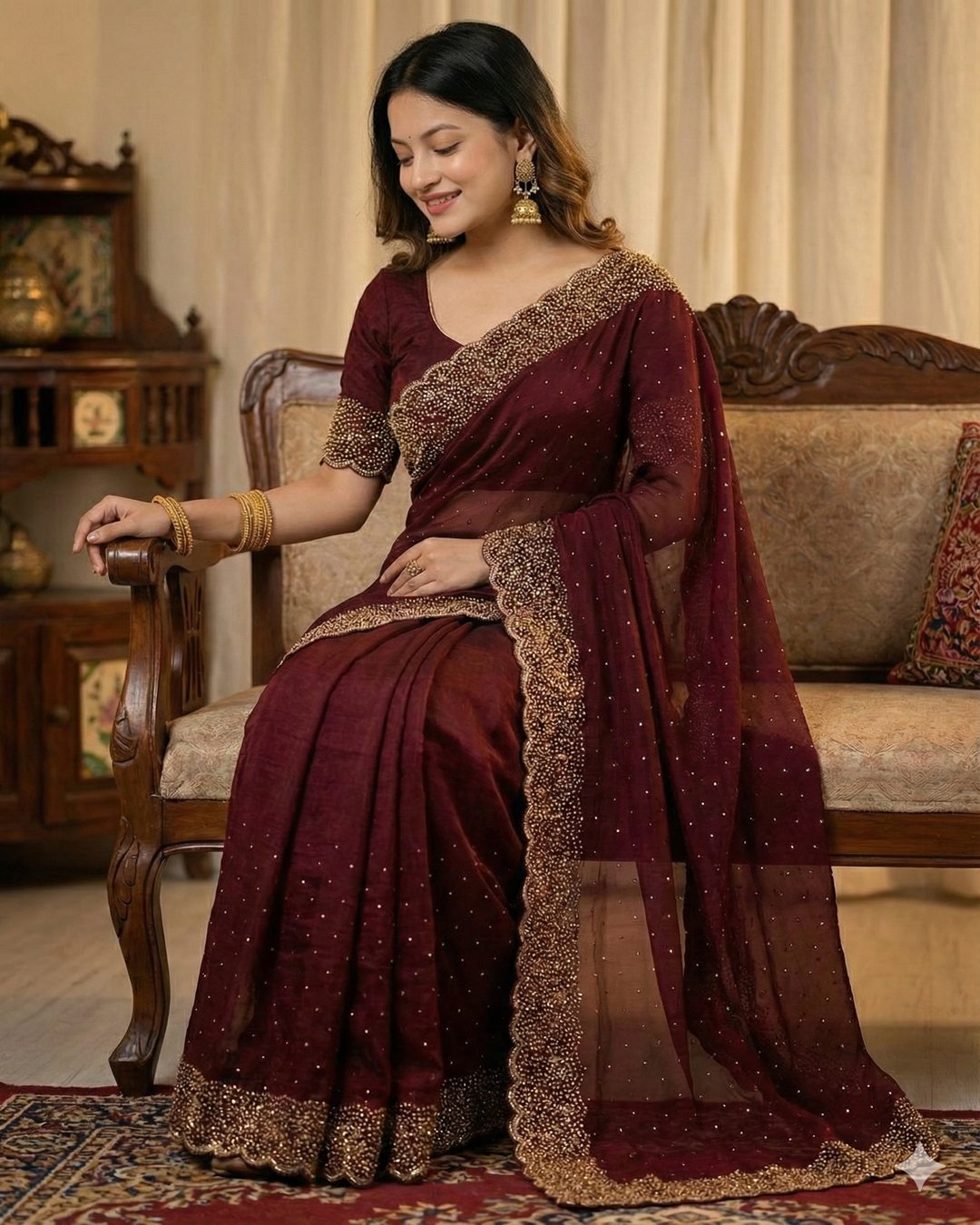 Wine Color Space Silk Saree with Diamond Work