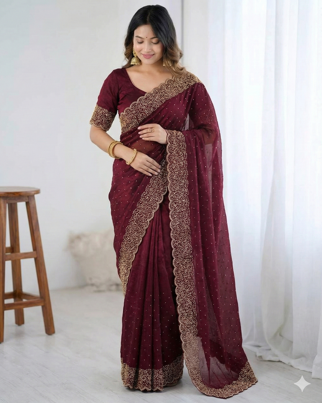Wine Color Space Silk Saree with Diamond Work