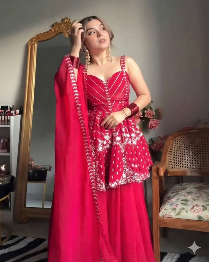 Pink Faux Blooming Fabric Sharara Slit Suit Set – 3 Pieces