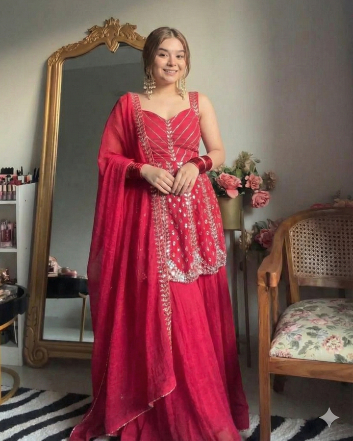 Pink Faux Blooming Fabric Sharara Slit Suit Set – 3 Pieces