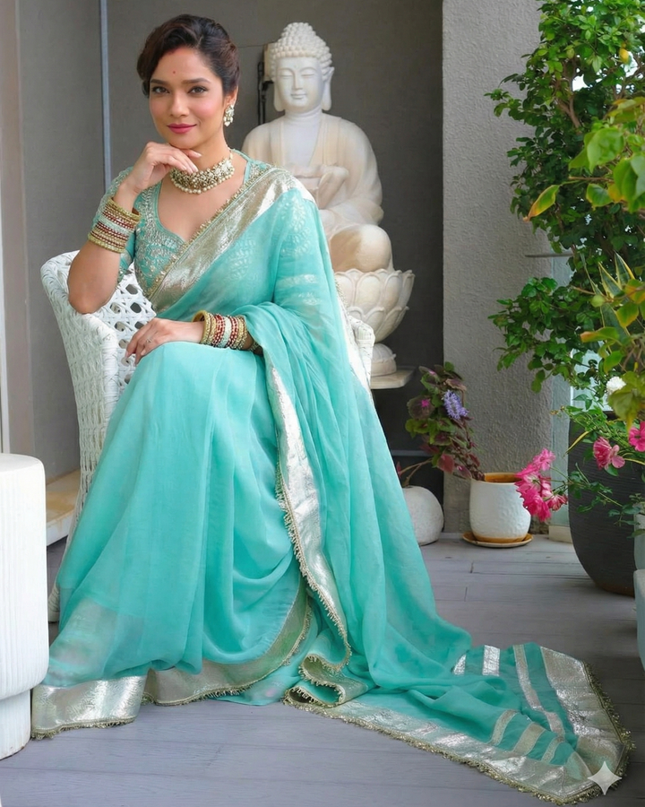 Ankita Lokhande Inspired Blue Georgette Saree with Hand Charkhi Gotta Patti Work | Fully Stitched Blouse