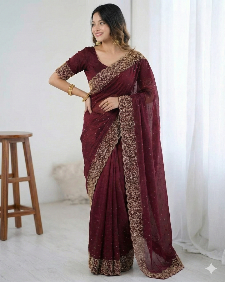Wine Color Space Silk Saree with Diamond Work