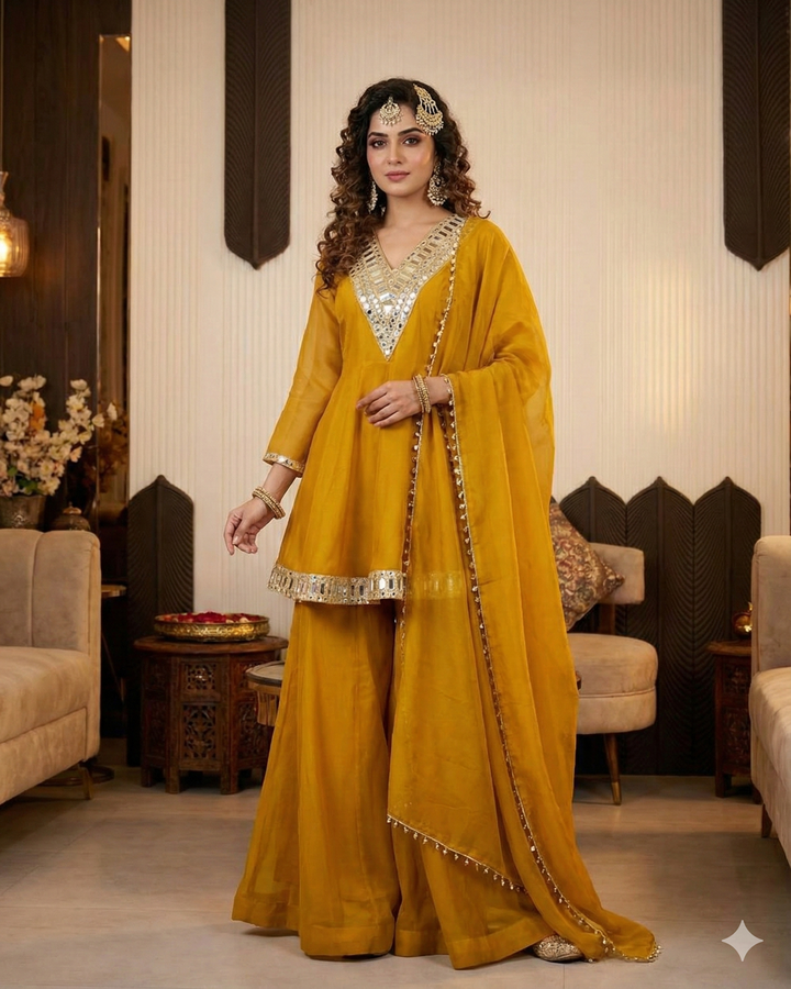 Mustard Royal Sheeshmahal Sharara Set – Mirror Work Designer Edition