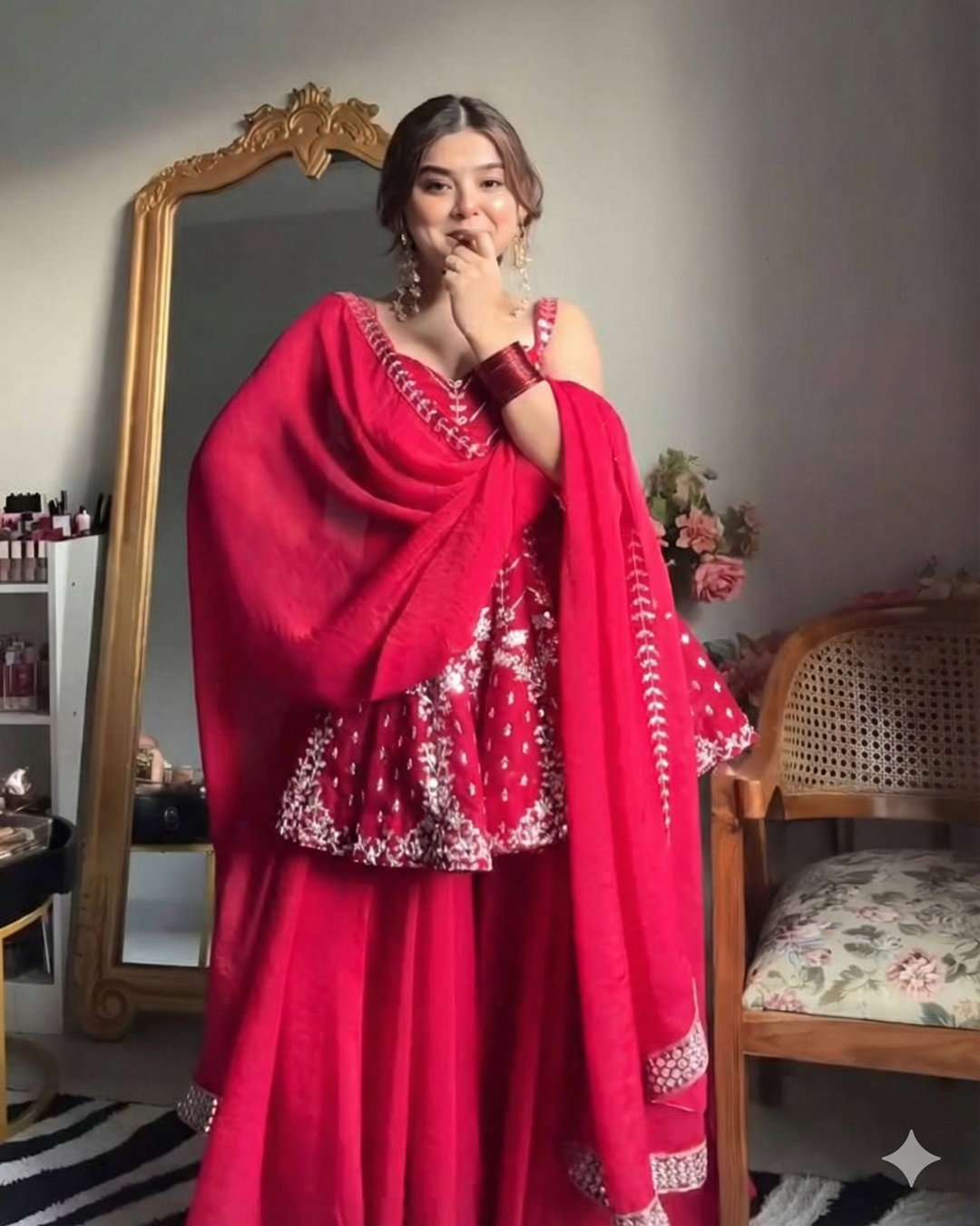 Pink Faux Blooming Fabric Sharara Slit Suit Set – 3 Pieces
