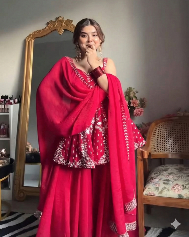 Pink Faux Blooming Fabric Sharara Slit Suit Set – 3 Pieces