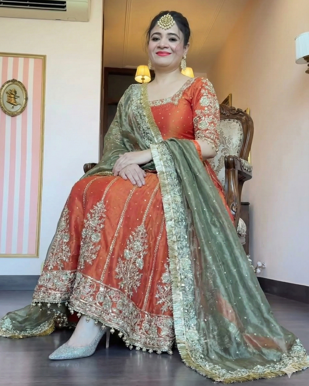 Orange Satin Anarkali Suit Set (3 Piece)
