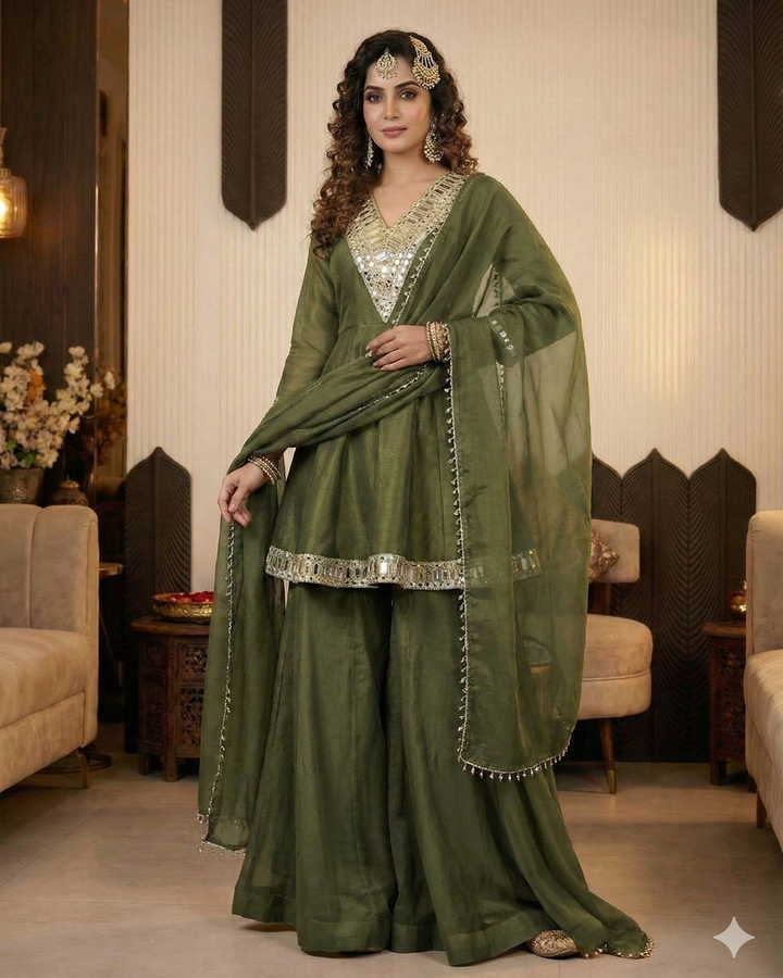 Green Sheeshmahal Sharara Cosmos Fabric Set – Mirror Work Designer Edition