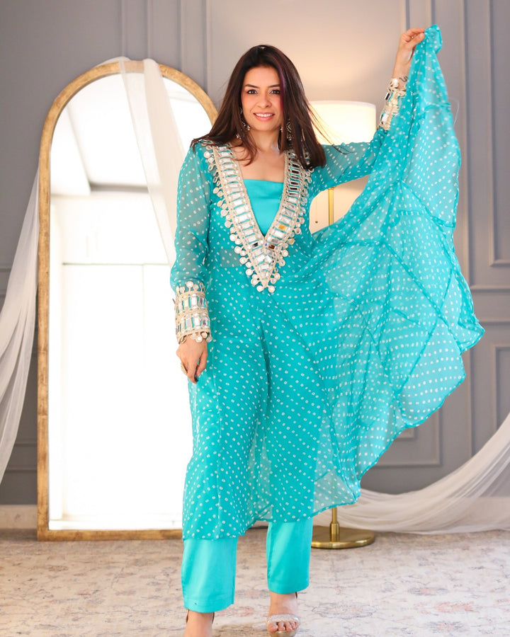 Turquoise Bandhani Mirror Bloom Co-Ord Set