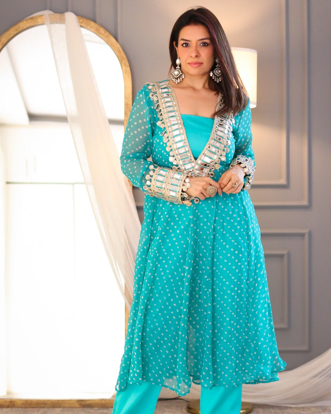 Turquoise Bandhani Mirror Bloom Co-Ord Set