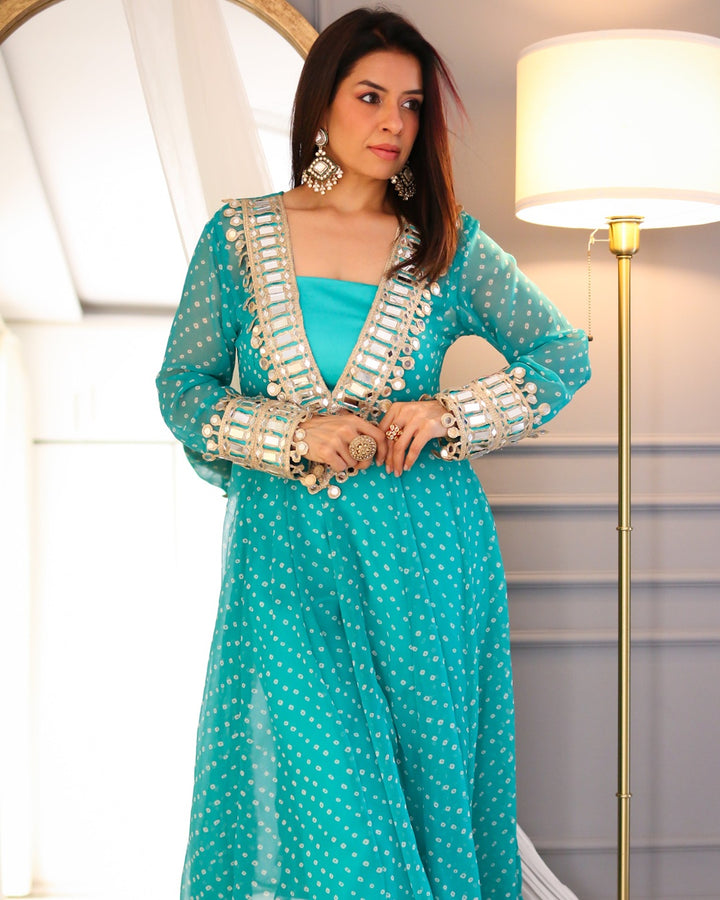 Turquoise Bandhani Mirror Bloom Co-Ord Set
