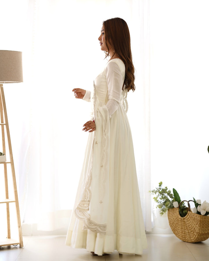 Beautiful White Color Pure Chanderi Silk Three Piece Anarkali Suit