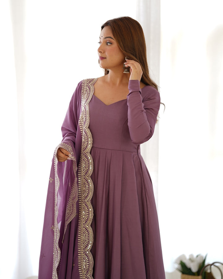 Onion Color Pure Chanderi Silk Three Piece Anarkali Suit