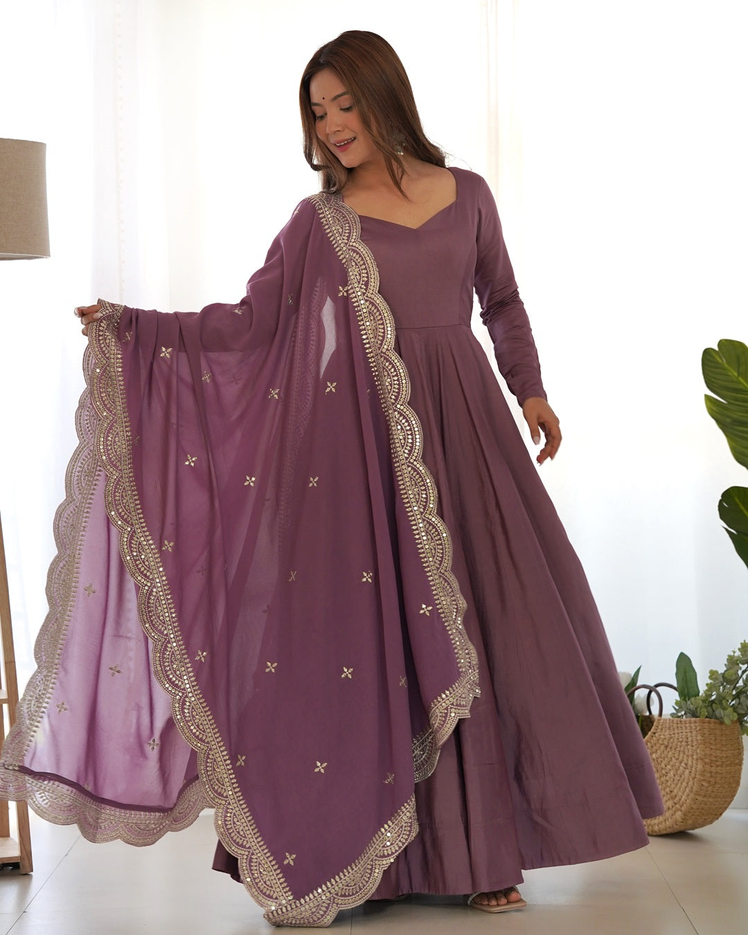 Onion Color Pure Chanderi Silk Three Piece Anarkali Suit