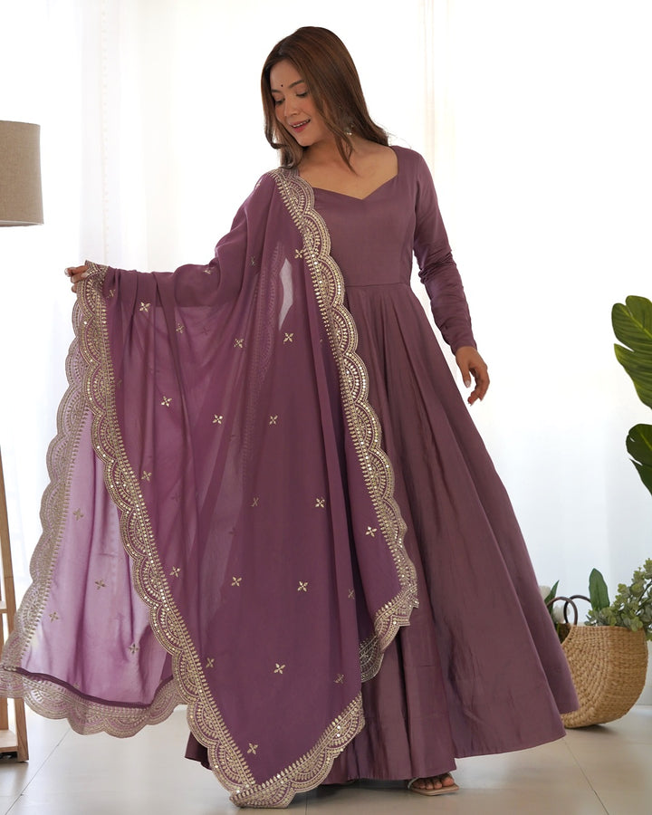Onion Color Pure Chanderi Silk Three Piece Anarkali Suit