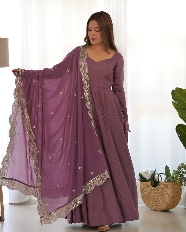 Onion Color Pure Chanderi Silk Three Piece Anarkali Suit
