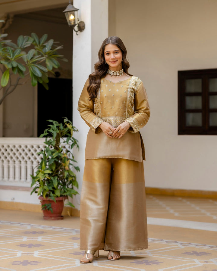 Gold Banarasi Viscose Co-Ord Set with Beads Embroidery Work