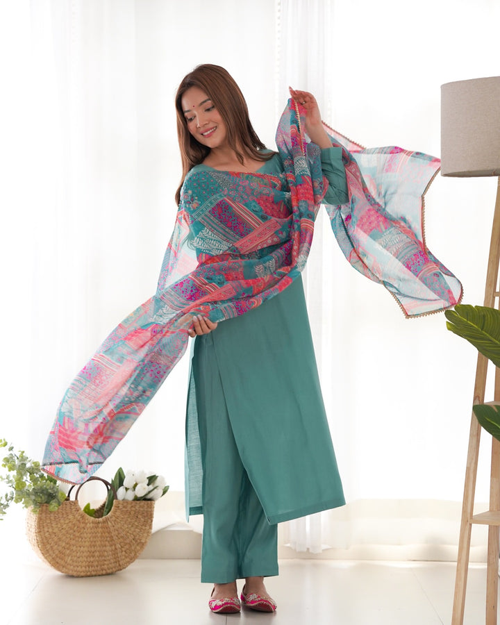 Sea Green Color Viscose Ready To wear Three Piece Kurti Suit