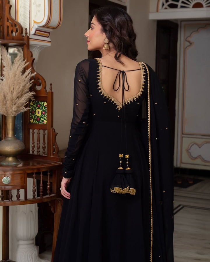 Graceful Black Faux Georgette Anarkali Suit with Pearl Work Dupatta | Elegant Party Wear Ethnic Set