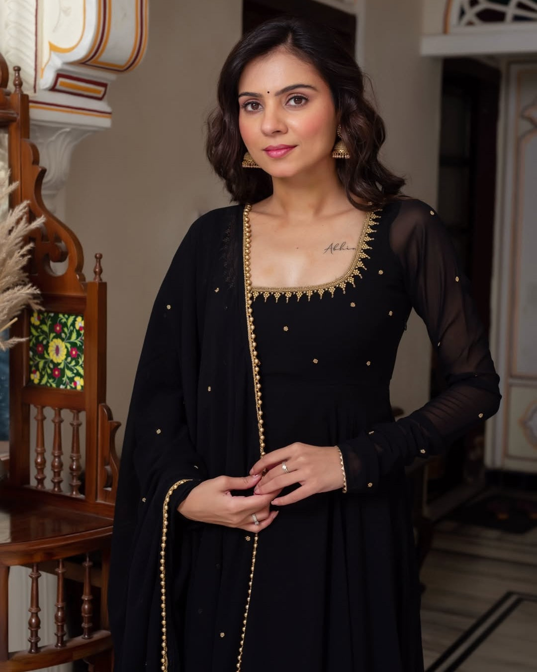 Graceful Black Faux Georgette Anarkali Suit with Pearl Work Dupatta | Elegant Party Wear Ethnic Set