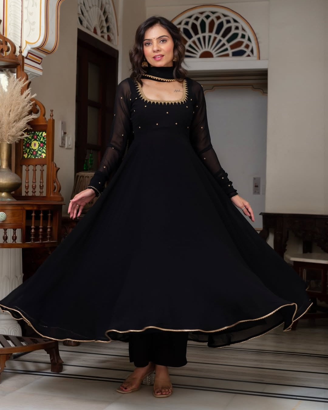 Graceful Black Faux Georgette Anarkali Suit with Pearl Work Dupatta | Elegant Party Wear Ethnic Set