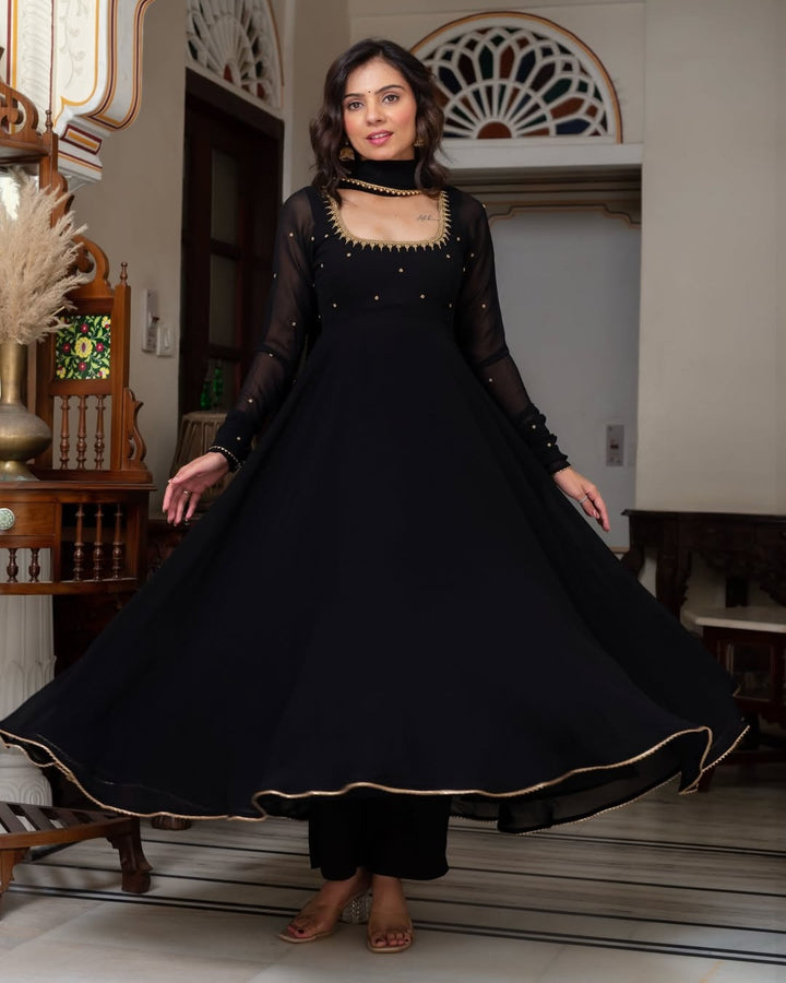 Graceful Black Faux Georgette Anarkali Suit with Pearl Work Dupatta | Elegant Party Wear Ethnic Set