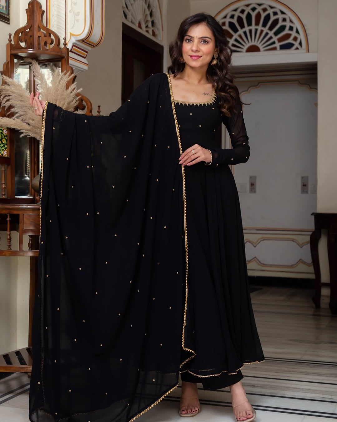 Graceful Black Faux Georgette Anarkali Suit with Pearl Work Dupatta | Elegant Party Wear Ethnic Set